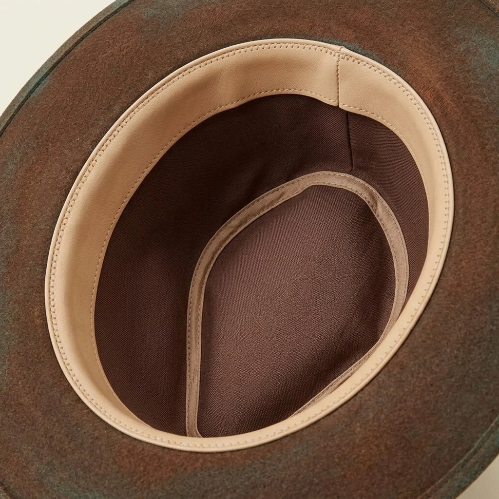 Distressed Brown Teal Two-Tone Felt Fedora with Feather Cluster
