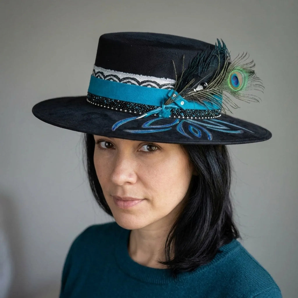 Black Wide-Brim Fedora with Peacock Feather and Turquoise Band