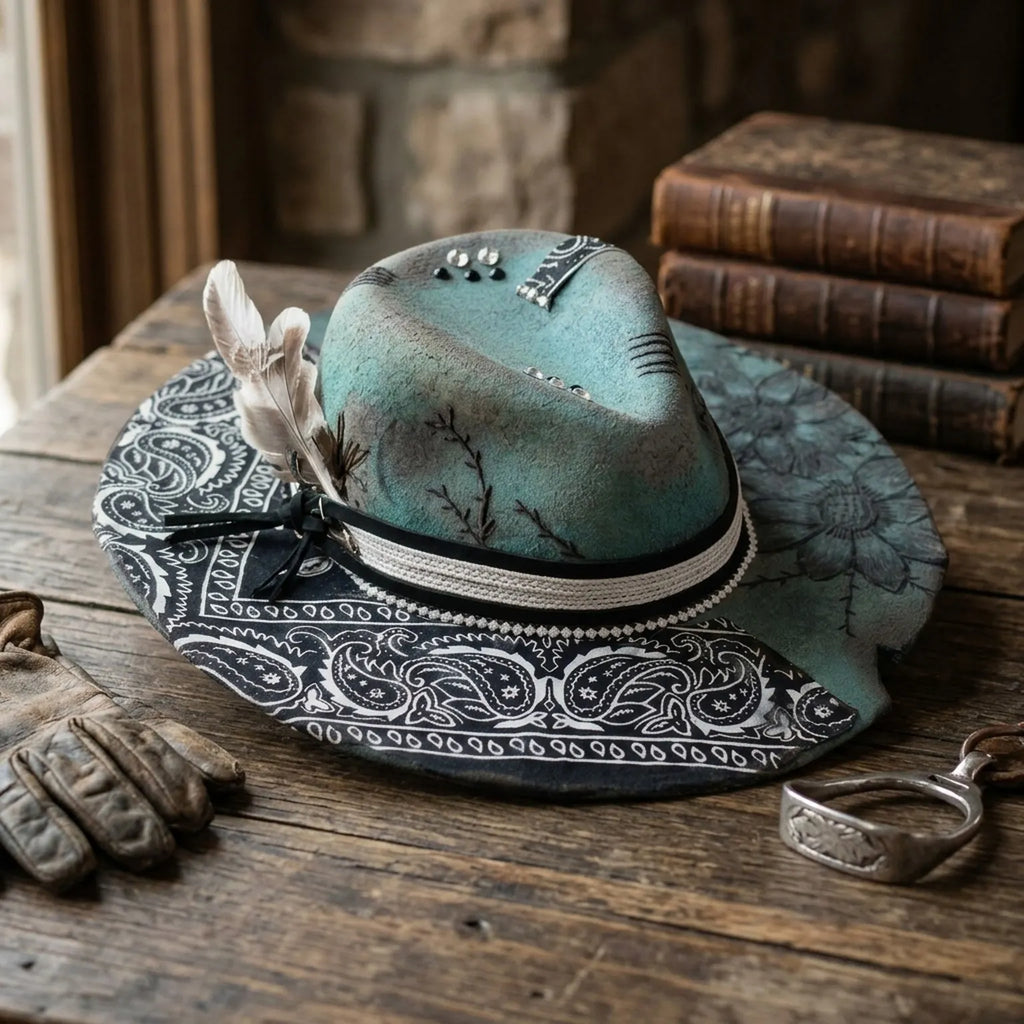 Teal Western Hat with Paisley Brim, Floral Embroidery, and Pearls