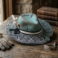 Teal Western Hat with Paisley Brim, Floral Embroidery, and Pearls