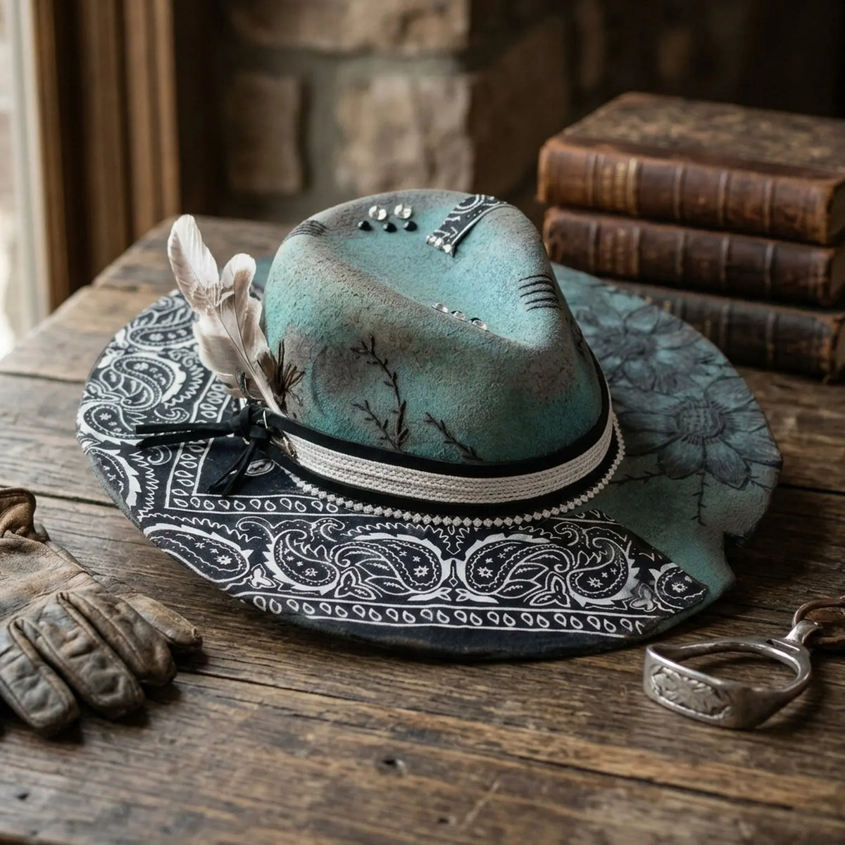 Teal Western Hat with Paisley Brim, Floral Embroidery, and Pearls