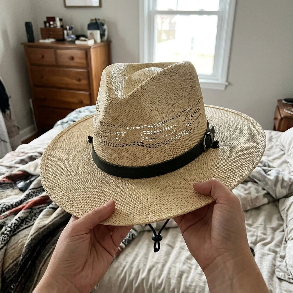 Beige Cut-Out Straw Sun Hat with Leather Band and Tassels