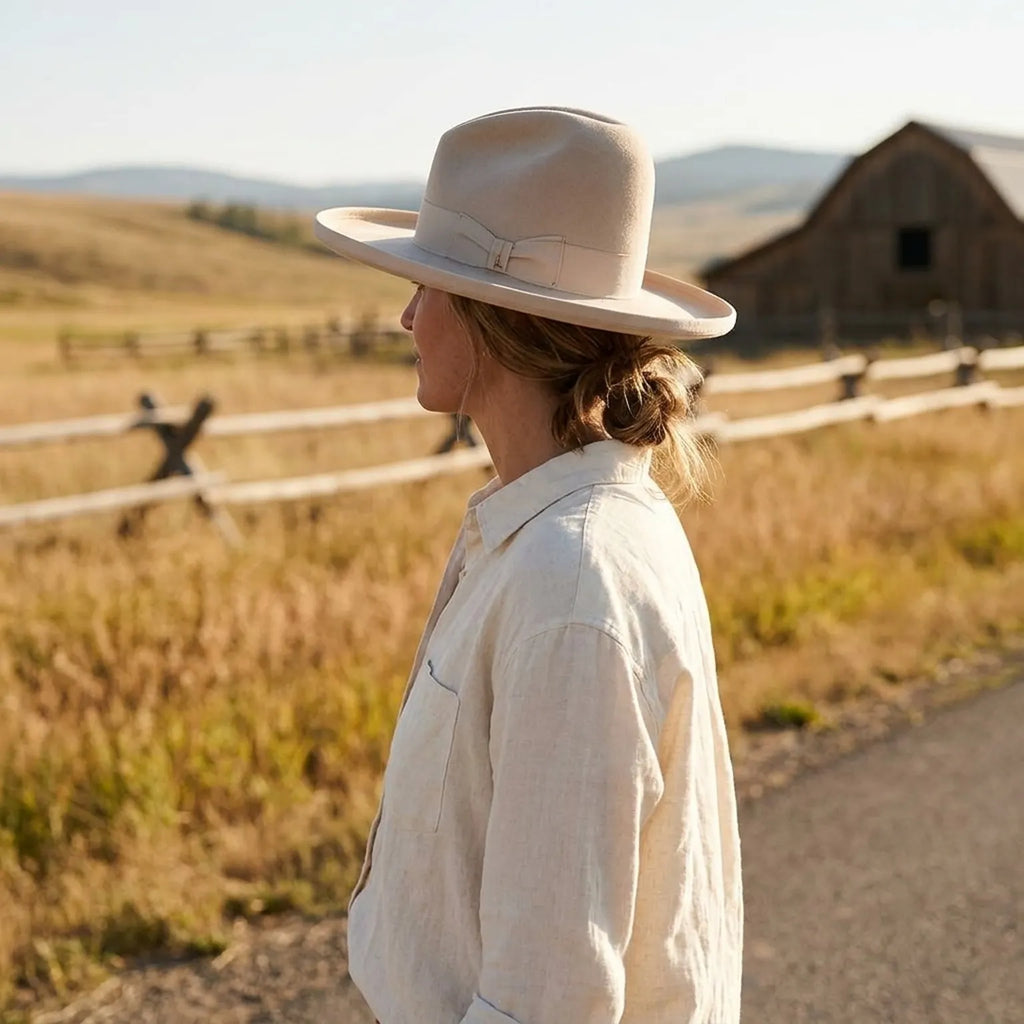 Cream Extra Wide-Brim Wool Felt Hat with Grosgrain Band
