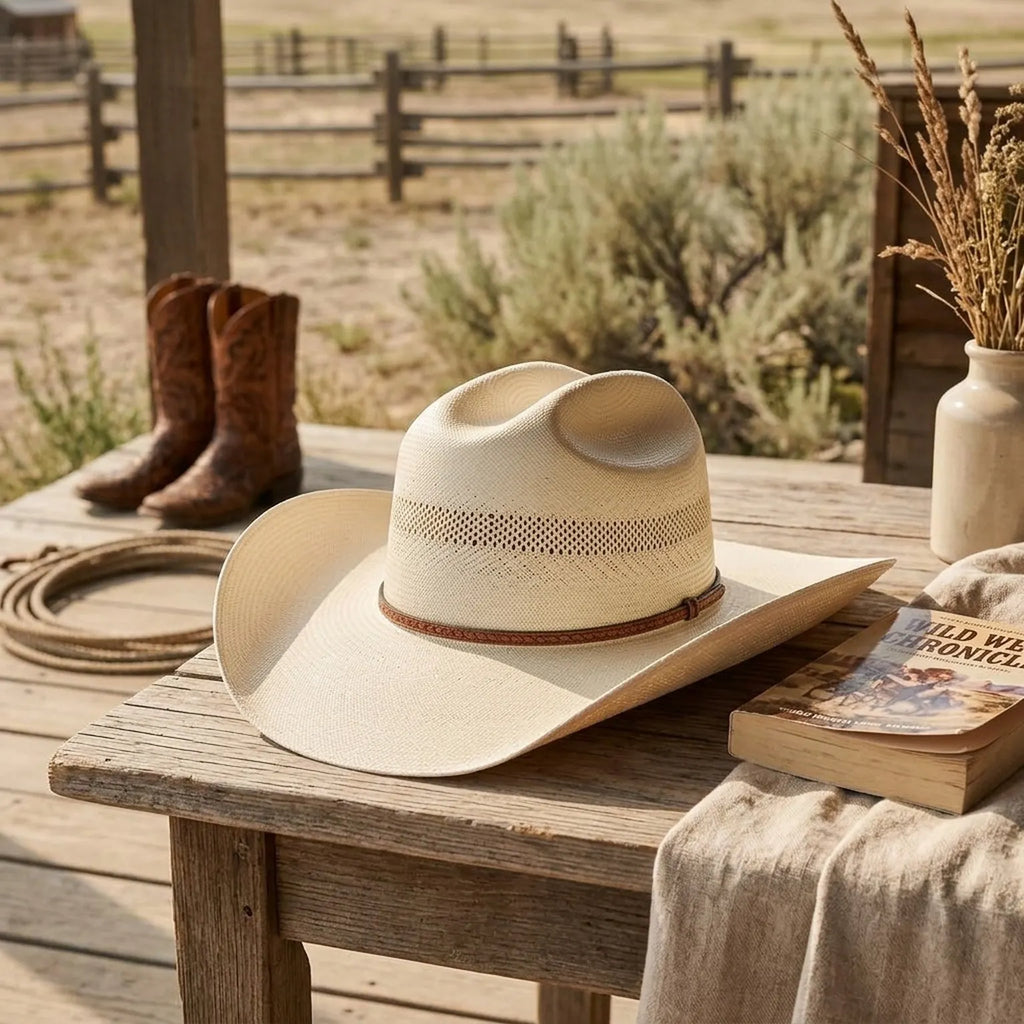 Cream Straw Western Fedora with Decorative Cross-Stitch Band