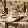 Cream Straw Western Fedora with Decorative Cross-Stitch Band
