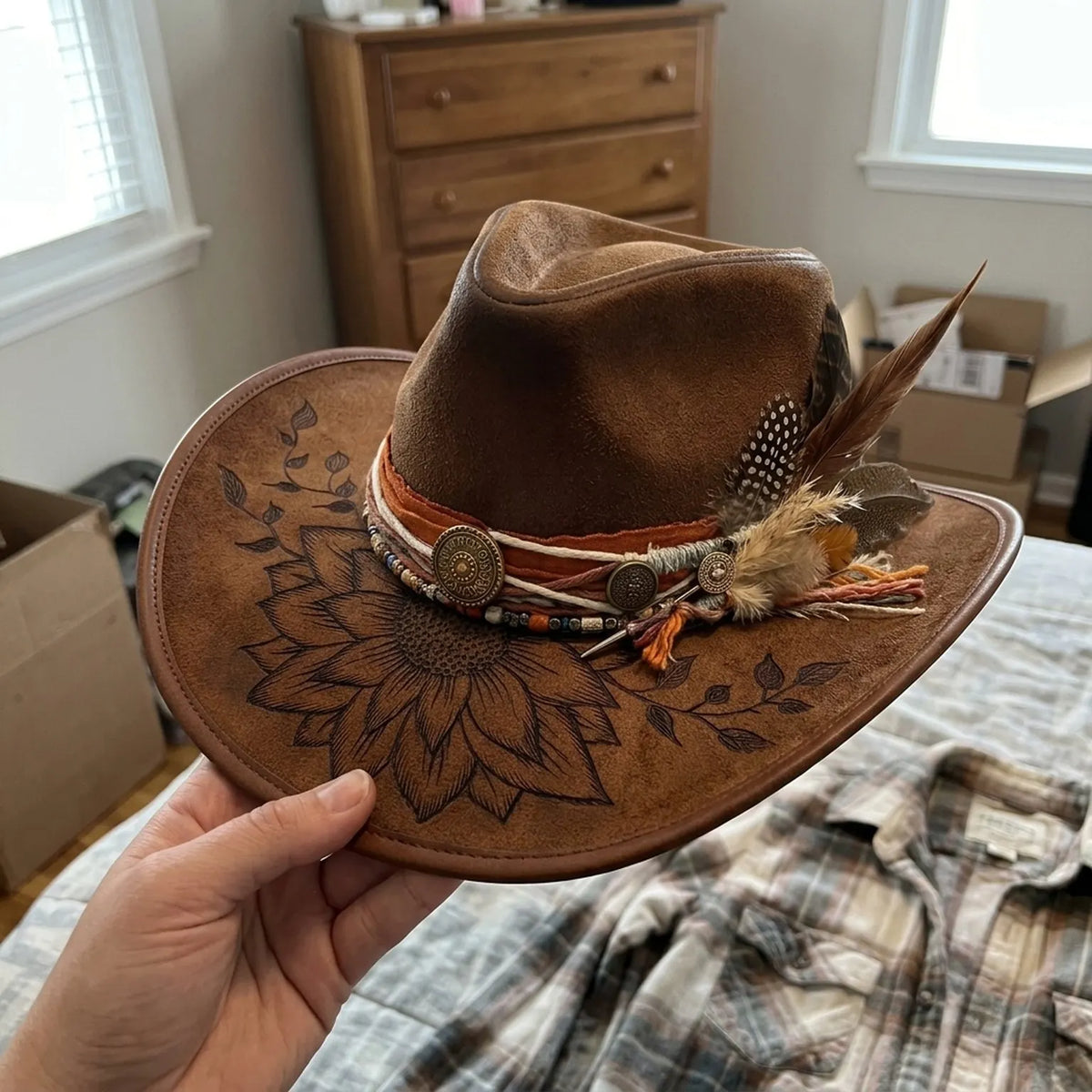 Brown Leather Western Hat with Sunflower Engraving Conchos