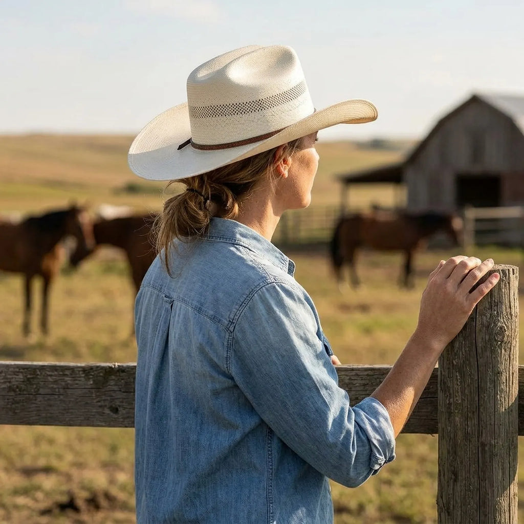 Cream Straw Western Fedora with Decorative Cross-Stitch Band