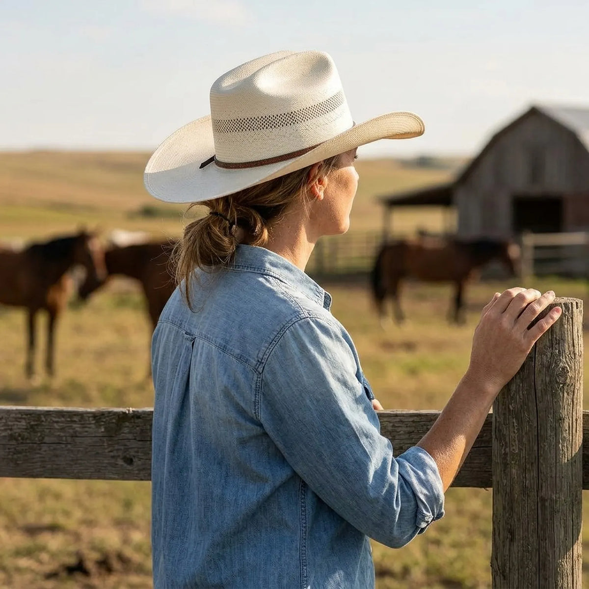Cream Straw Western Fedora with Decorative Cross-Stitch Band