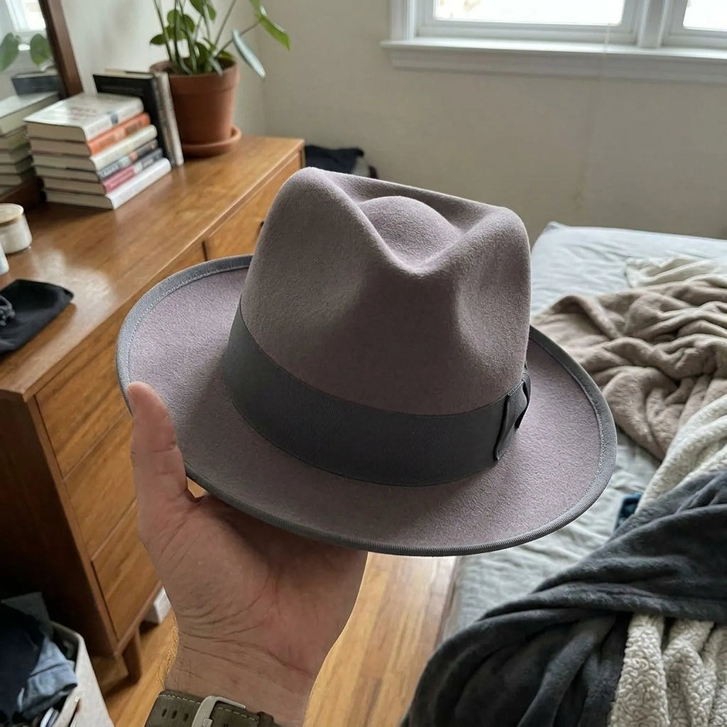 Unisex Light Grey Wool Felt Fedora Hat with Ribbon Band