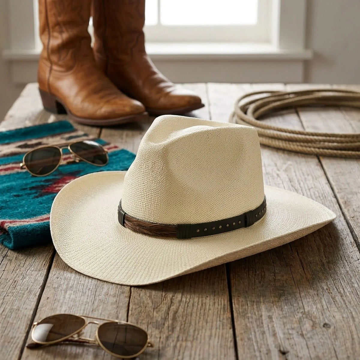 Ivory Straw Western Hat with Leather Band and Wide Brim