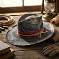 Distressed Black Felt Fedora with Burgundy Band and Metal Studs