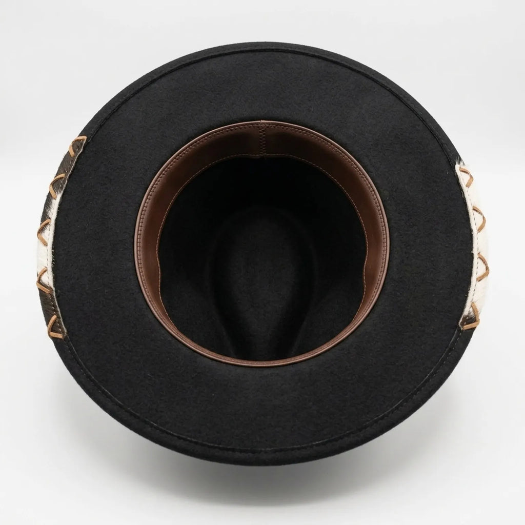 Black Western Hat with Cowhide Brim Cross Lacing White Feather
