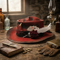 Western Red Fedora with Playing Cards, Rose and Bullet