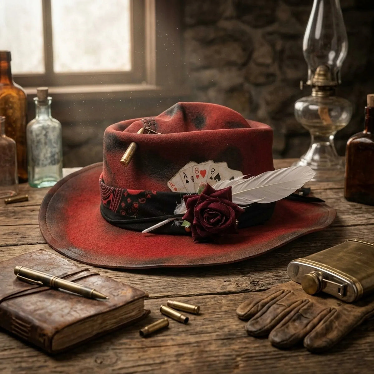 Western Red Fedora with Playing Cards, Rose and Bullet