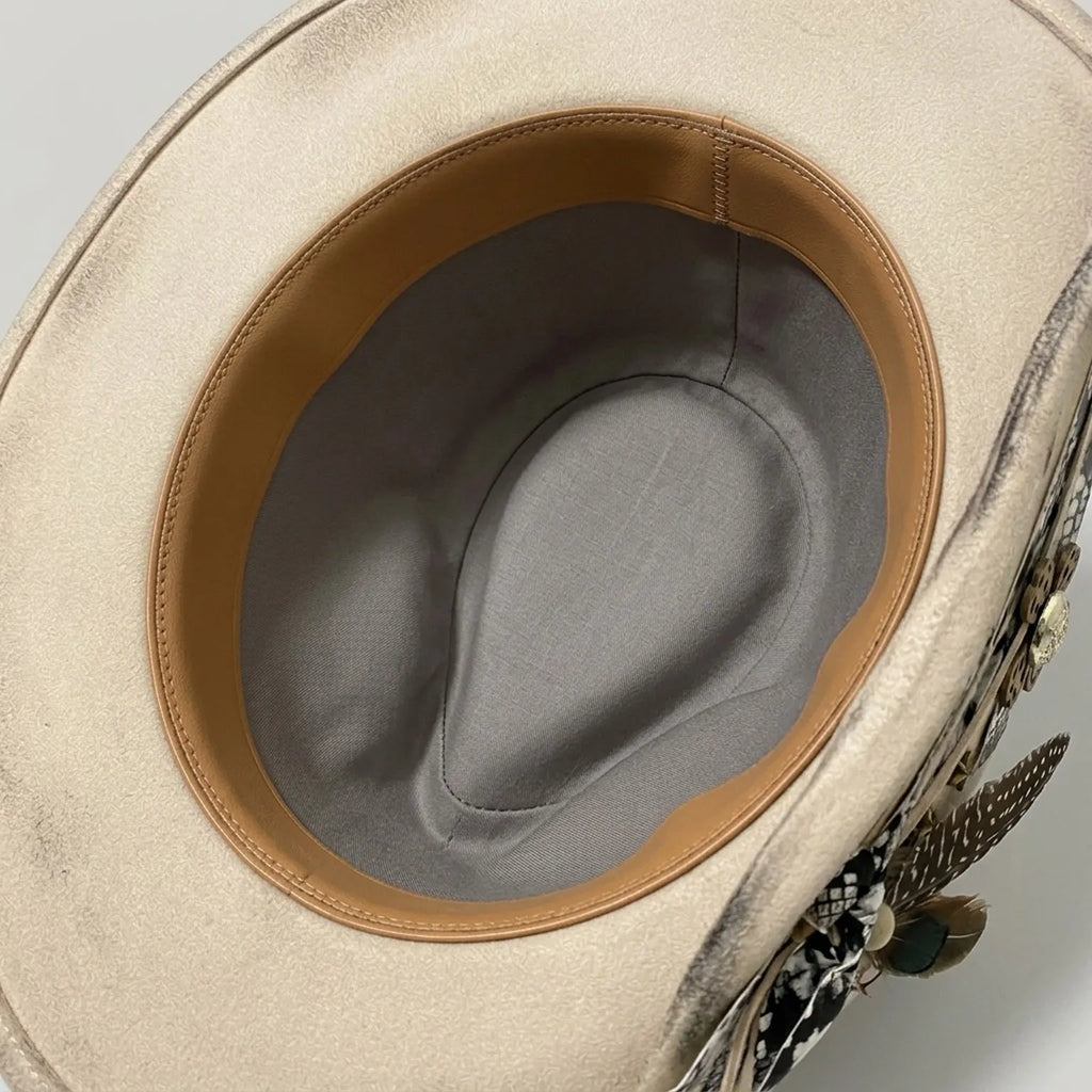 Vintage Cream Fedora with Snake Band, Feathers and Bull Card