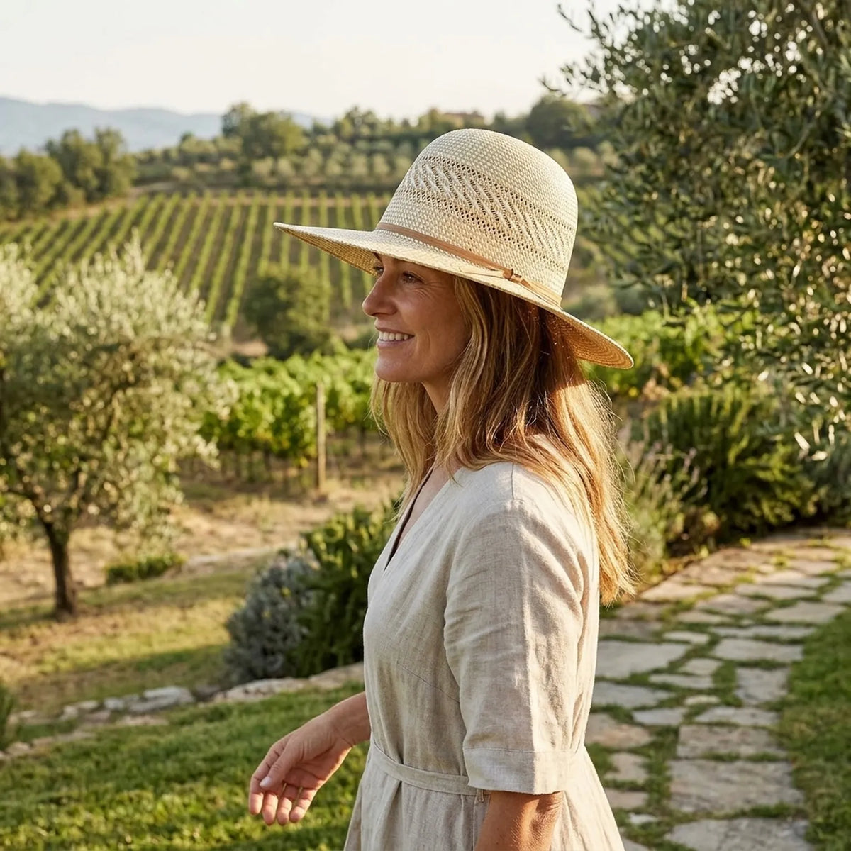 Tan Straw Sun Hat with Ventilated Crown and Grosgrain Band