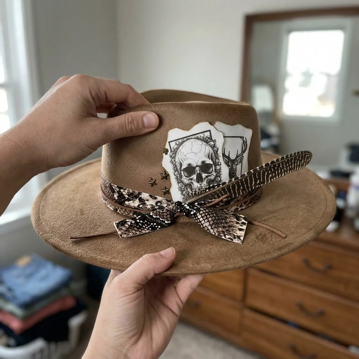 Tan Fedora Skull Playing Cards Snake Print Ribbon Feather Western