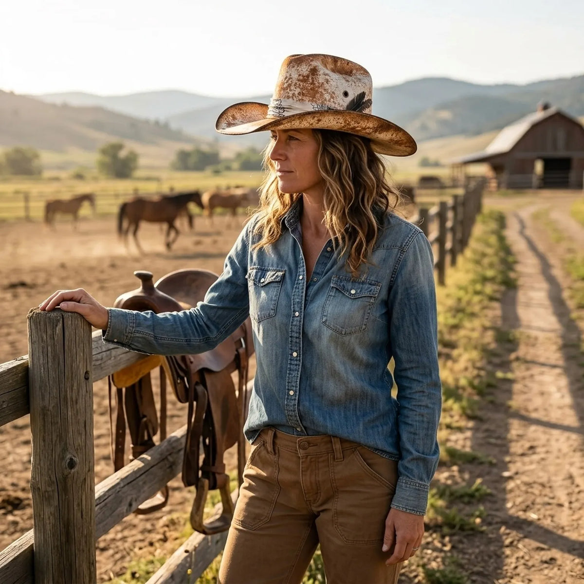 Speckled Tan Cowboy Hat with Paisley Bandana and Silver Concho