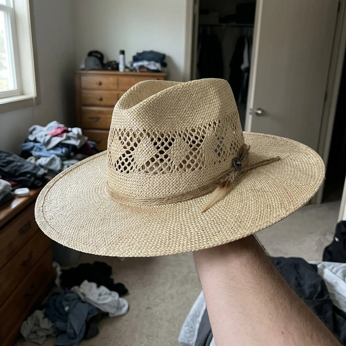 Natural Straw Sun Hat with Open Weave Crown and Feather Detail