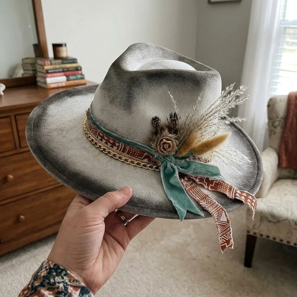 Silver Grey Felt Fedora with Dried Plumes Tribal Print Ribbon