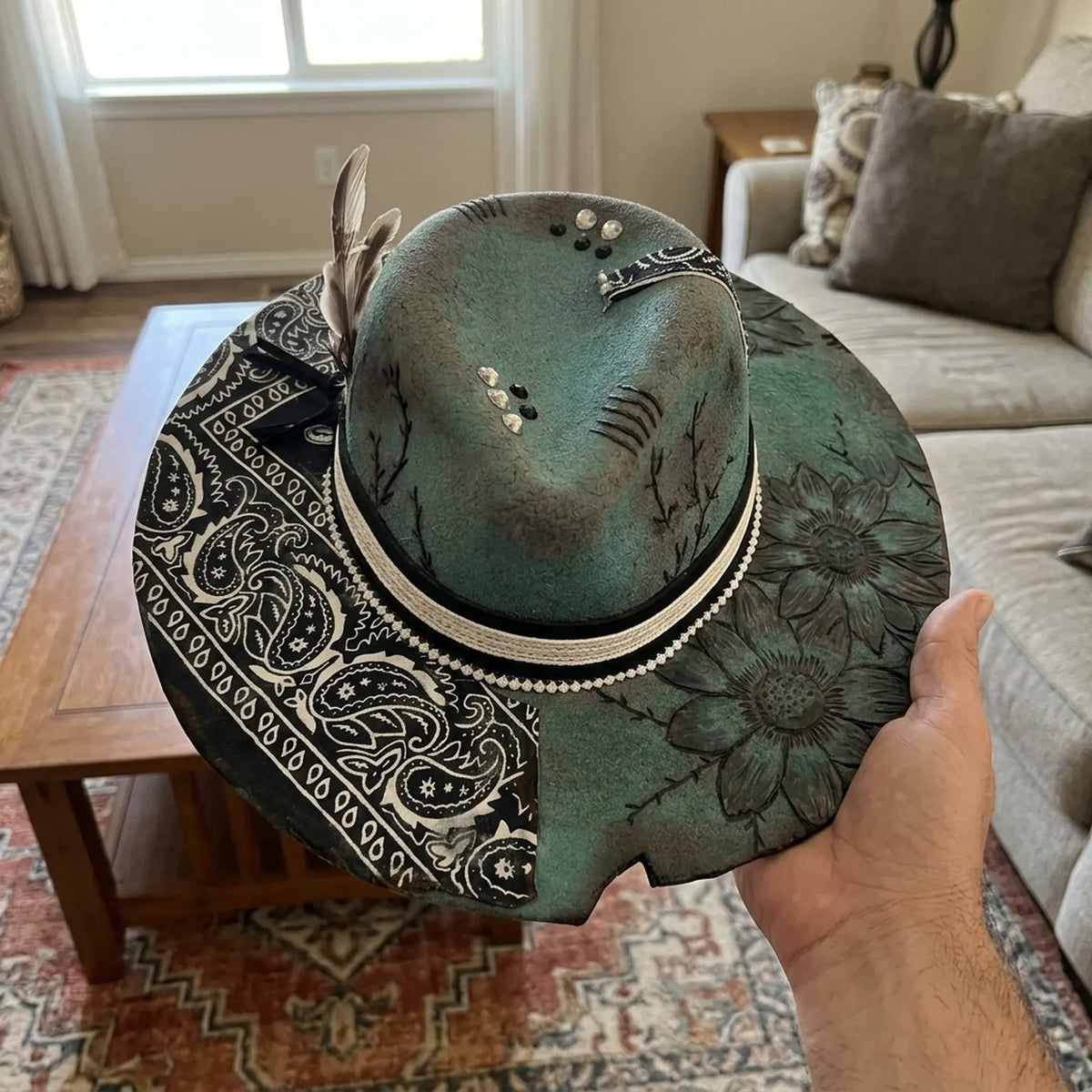Teal Western Hat with Paisley Brim, Floral Embroidery, and Pearls