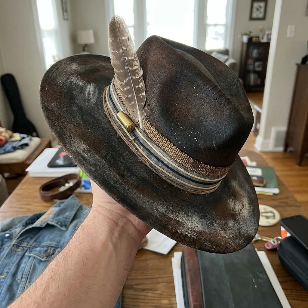 Weathered Gray Fedora with Feather and Denim Burlap Band