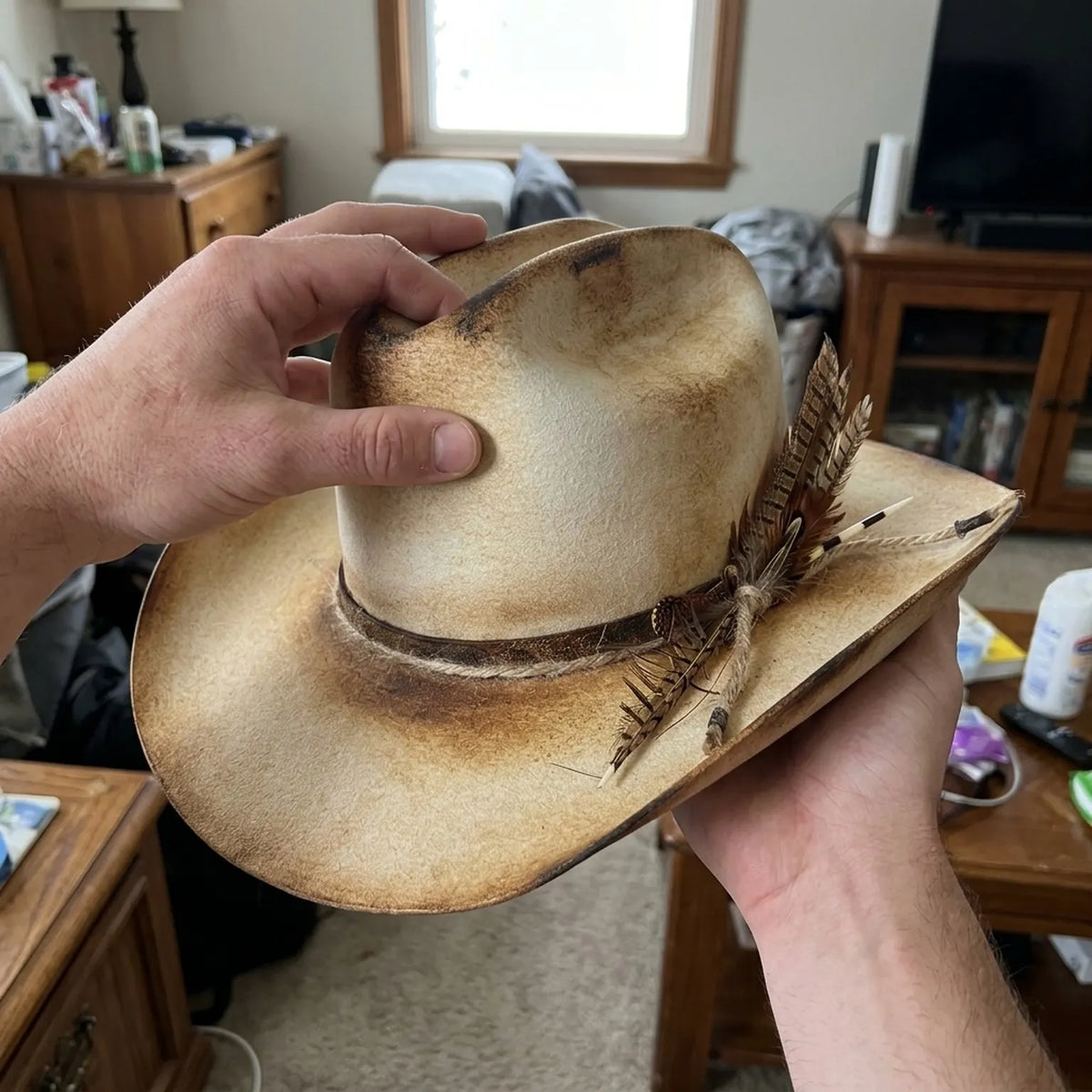Vintage Tan Cowboy Hat with Pheasant Feather Cluster
