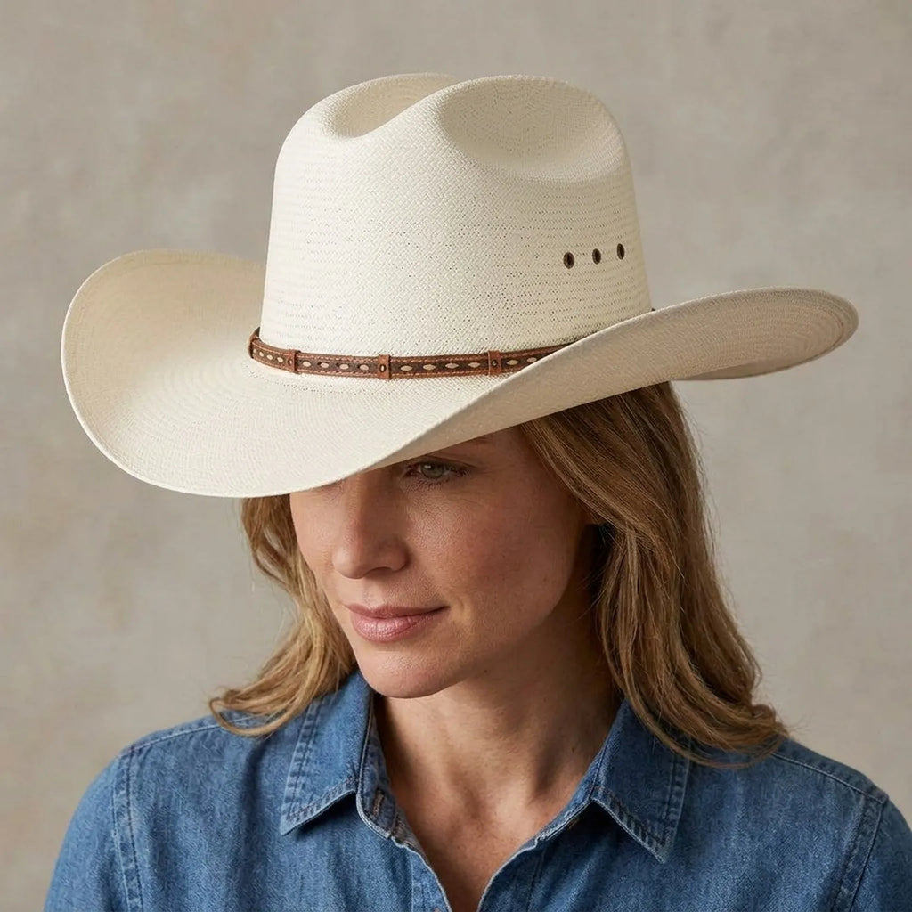 Unisex White Straw Cowboy Hat with Tooled Leather Stud Band