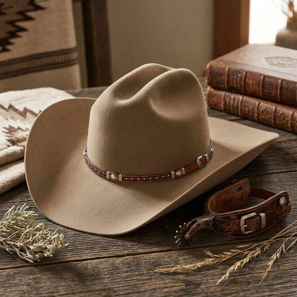 Tan Wool Felt Cowboy Hat with Beaded Leather Band | Western