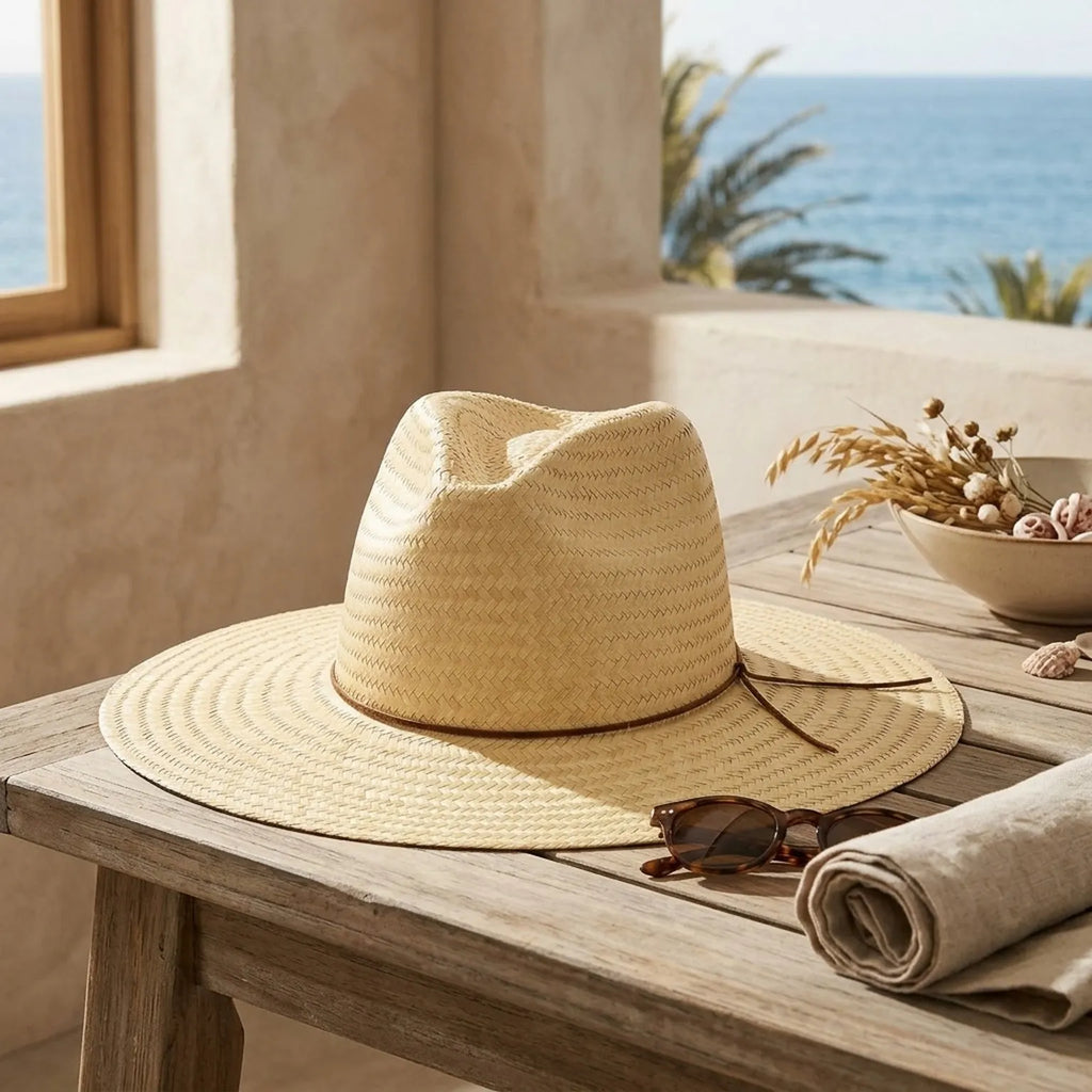 Natural Straw Sun Hat with Leather Cord for Garden and Beach Days
