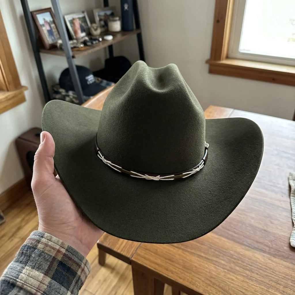 Olive Wool Felt Western Hat with Braided Leather Band Detail