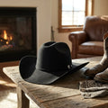 Black Felt Cowboy Hat with Tall Pinched Crown and Upturned Brim