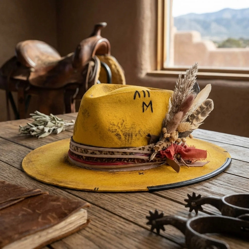 Distressed Yellow Felt Western Hat Roman Numeral Marking
