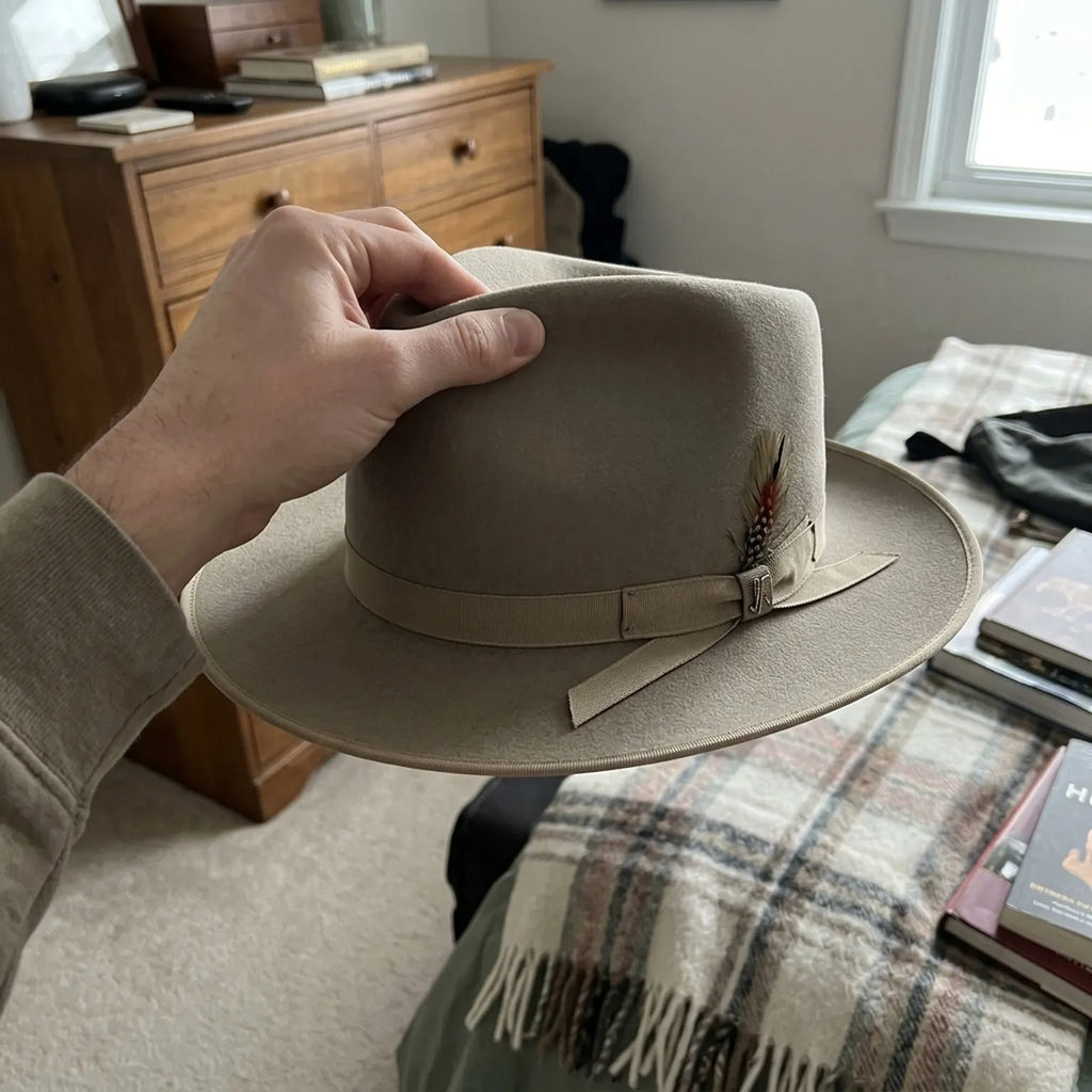 Light Gray Wool Felt Fedora with Grosgrain Band and Buckle