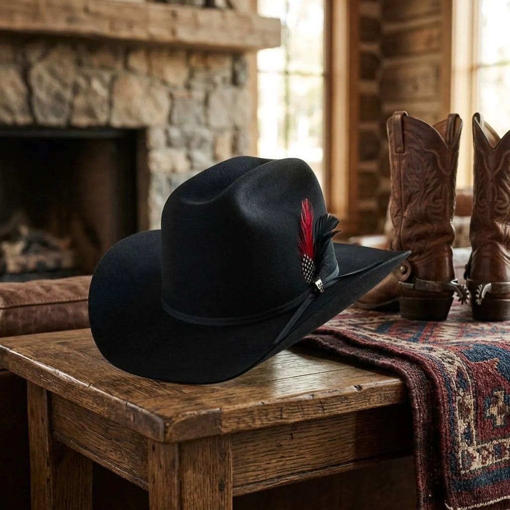 Black Wool Felt Cowboy Hat with Feather Detail