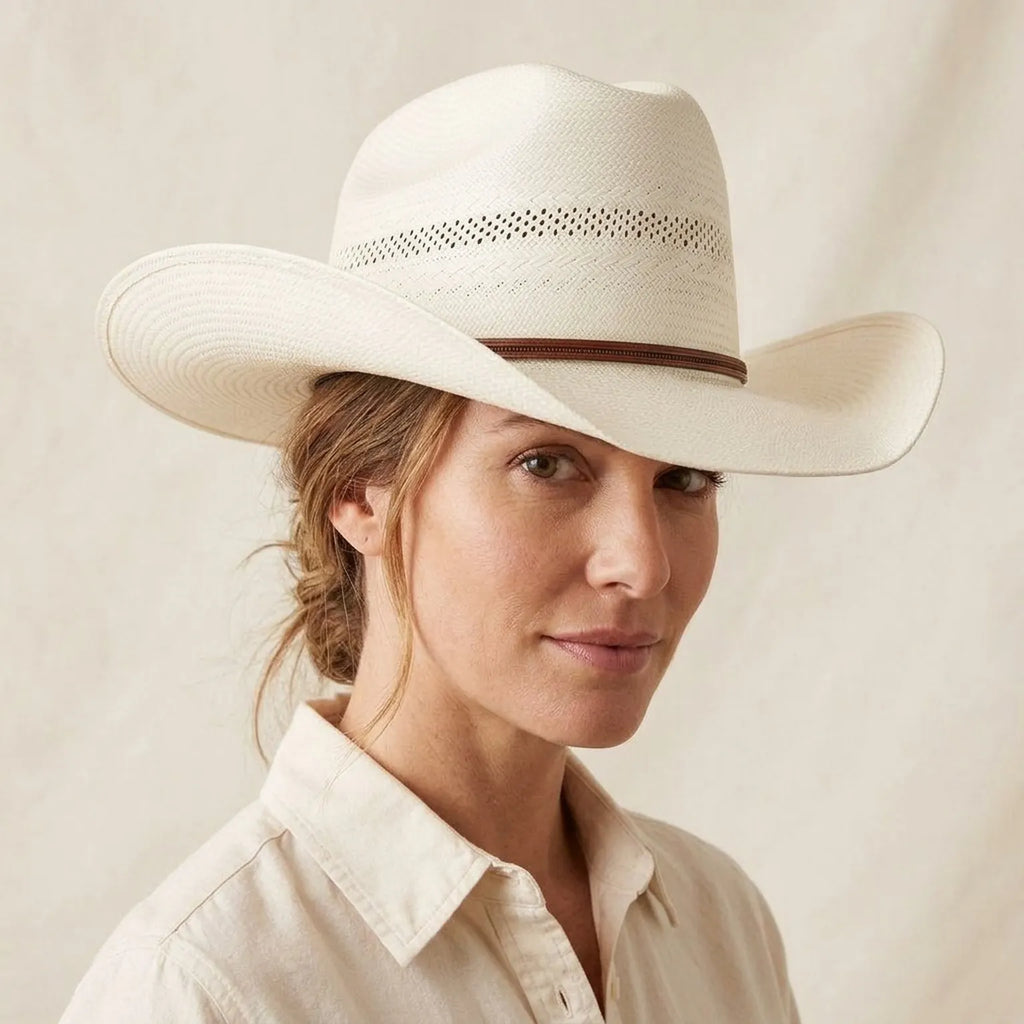 Unisex White Straw Cowboy Hat with Perforated Crown Band