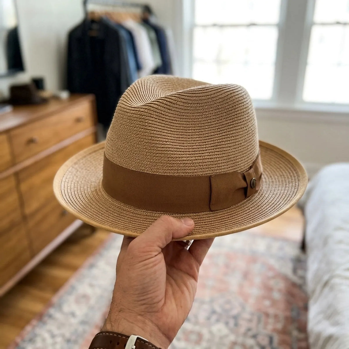 Tan Straw Fedora Hat with Wide Brim and Brown Ribbon Band