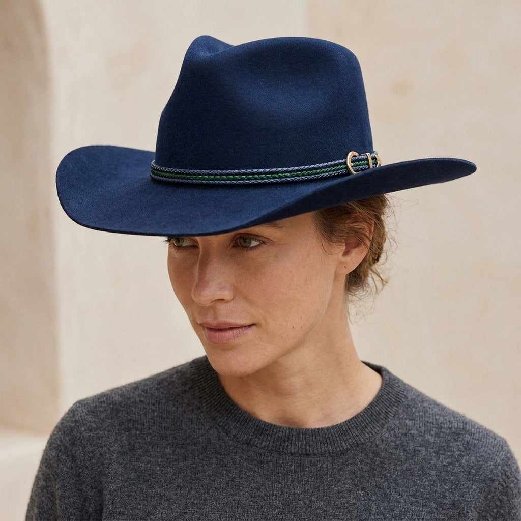 Navy Wool Felt Cowboy Hat with Braided Band and Brim