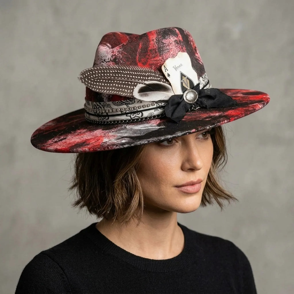 Red Black Splatter Felt Fedora with Card Feather Black Bow