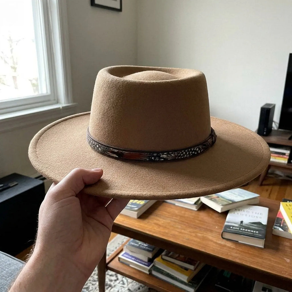 Tan Wide Brim Felt Hat with Patterned Leather Band Unisex