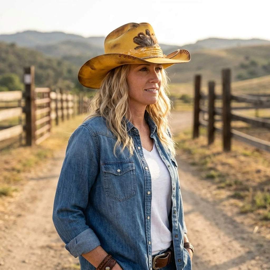Mustard Felt Cowboy Hat with Paisley Band and Feather