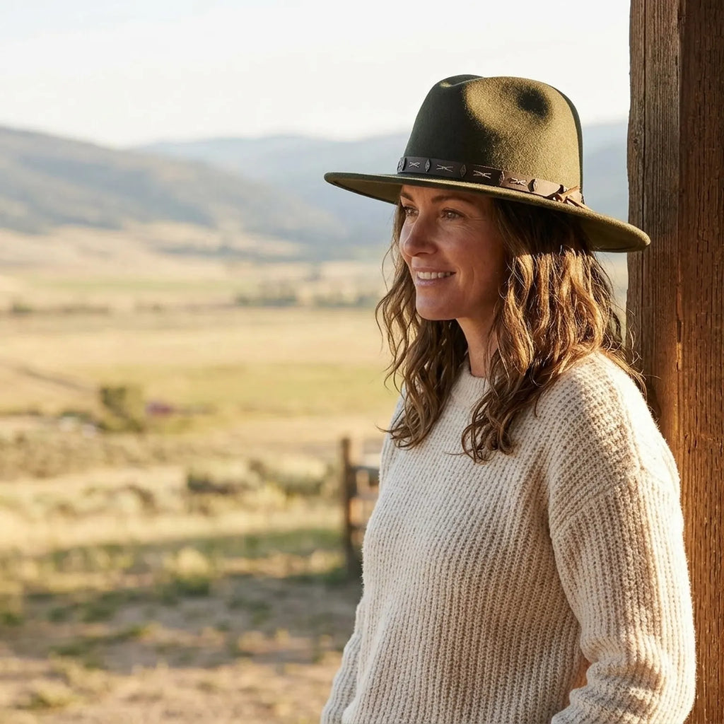 Dark Olive Boho Felt Hat with Cross-Stitched Leather Band