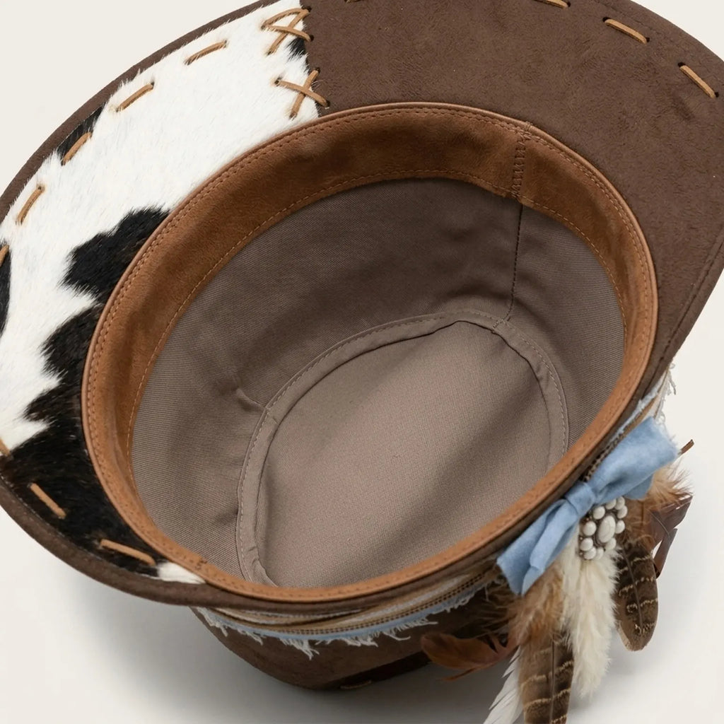Brown Western Fedora with Cowhide Patch and Pearl Concho Detail