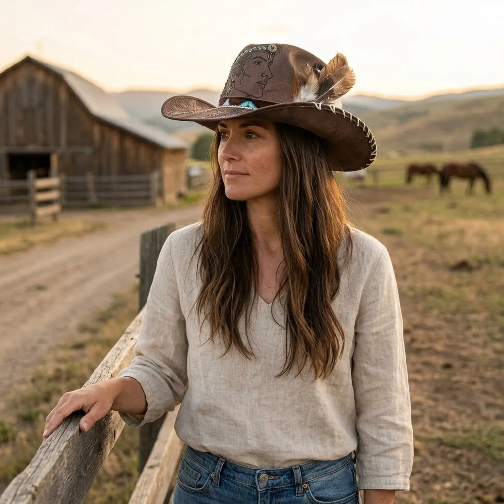 Brown Cowboy Hat with Portrait Etching and Beaded Feather Band