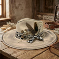 Vintage Cream Fedora with Snake Band, Feathers and Bull Card