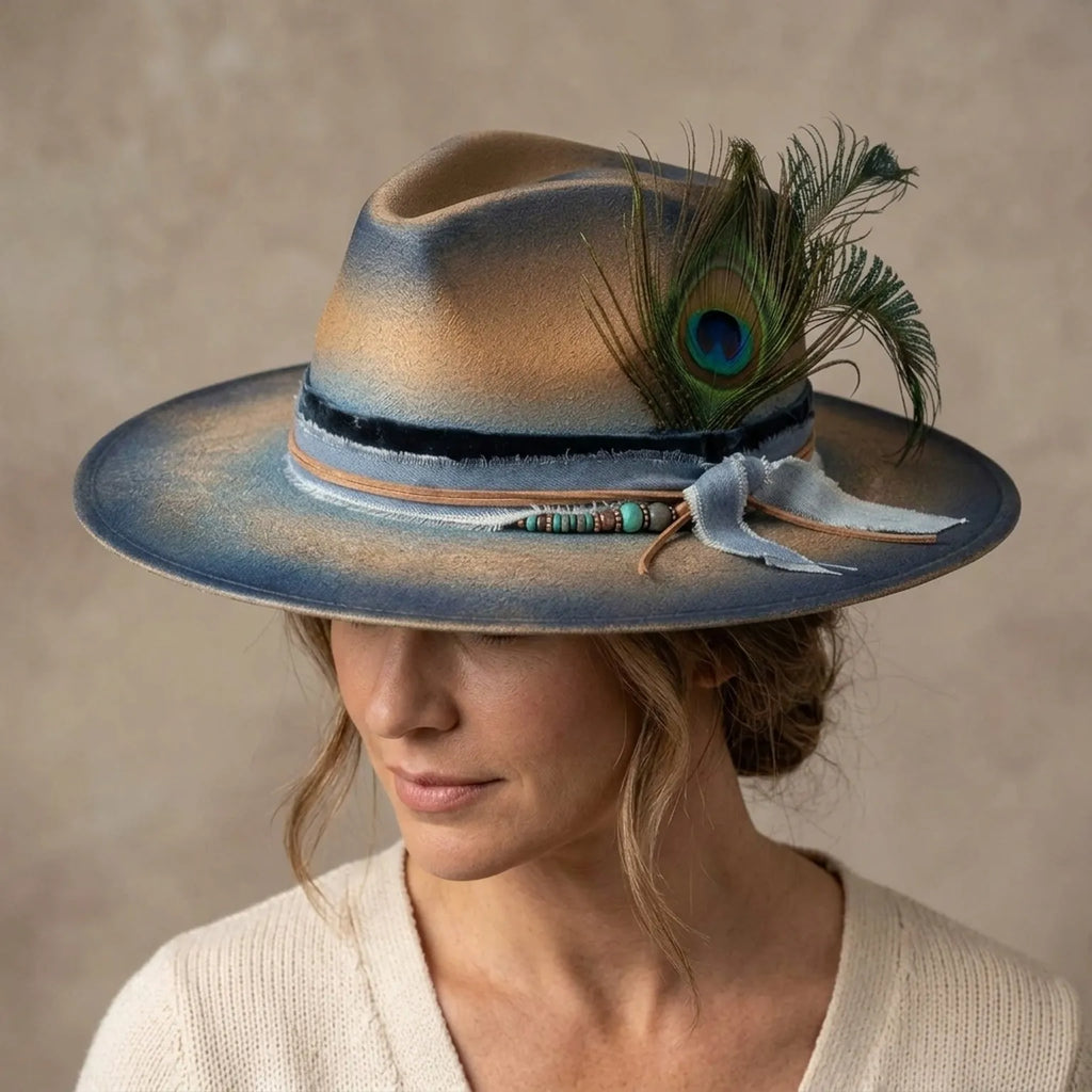 Tan Blue Distressed Felt Fedora with Peacock Feather Suede Bow
