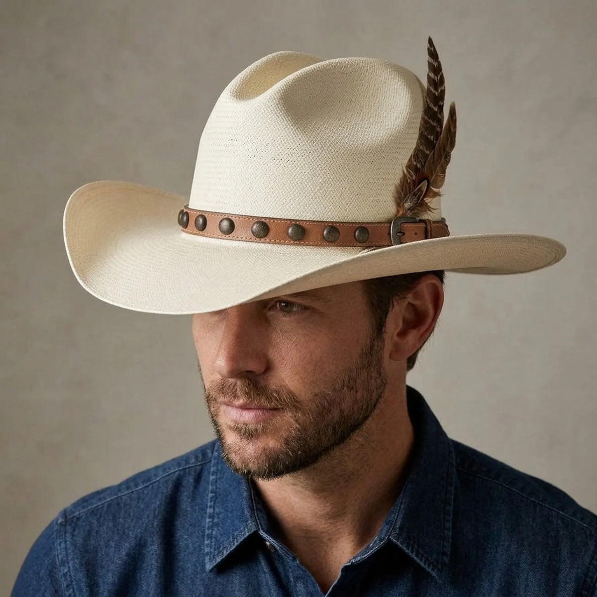 Cream Straw Cowboy Hat with Studded Leather Band and Feathers