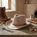 Unisex Beige Western Hat with Stitched Leather Band