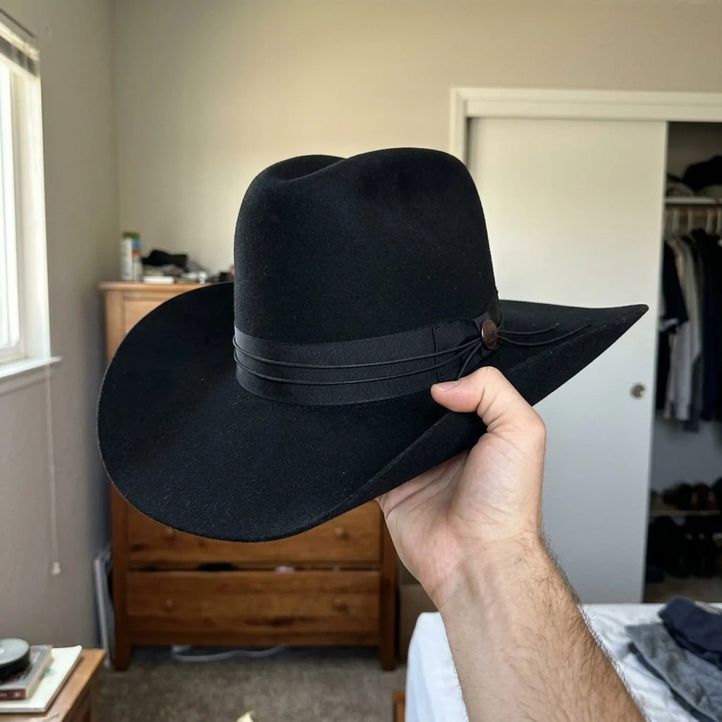 Black Felt Cowboy Hat with Layered Grosgrain Band and Curved Brim