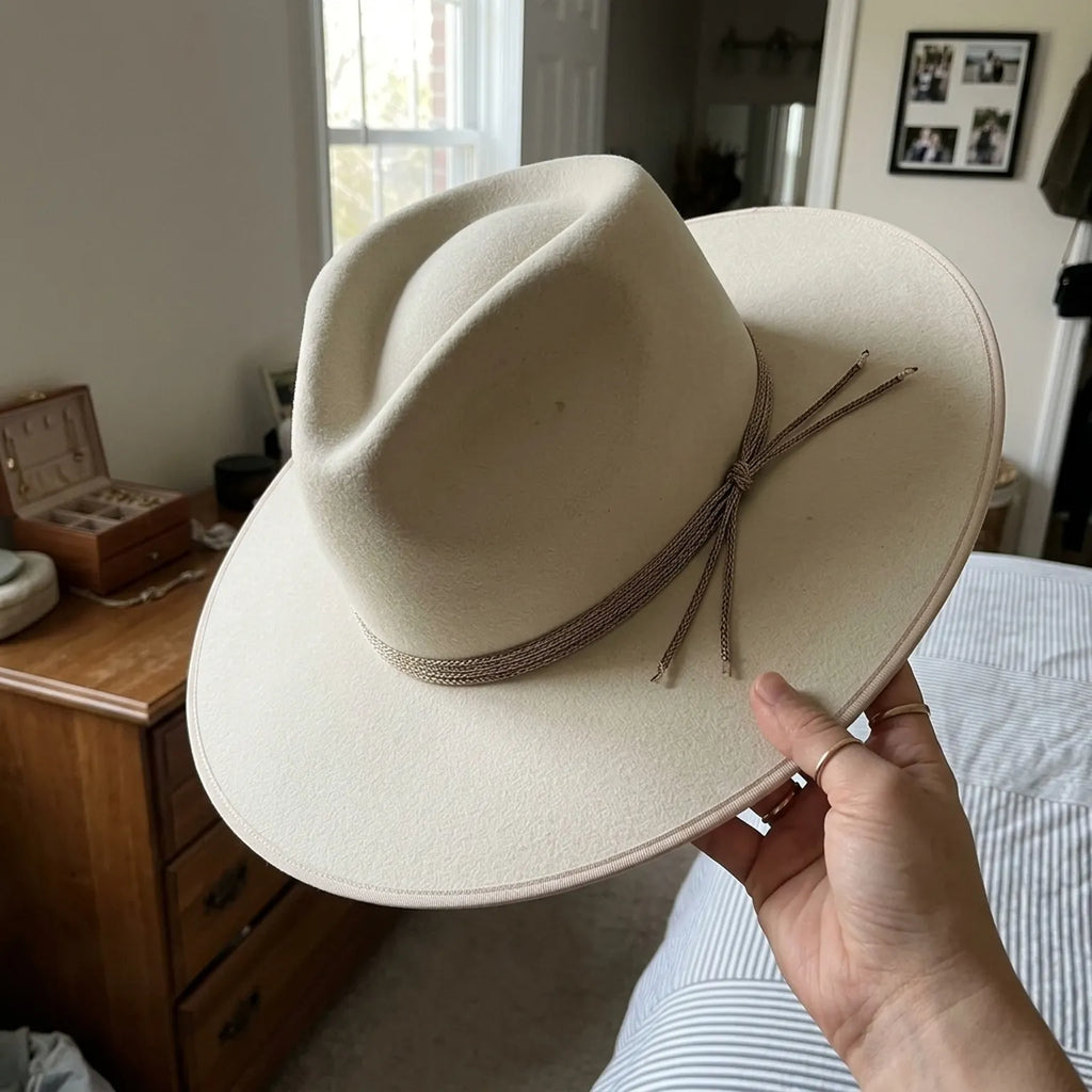 Cream Wool Felt Fedora with Chain Braided Band and Tasseled Tie
